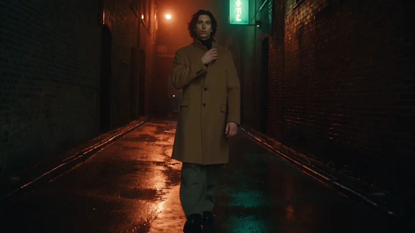 Seedance 2.5 at 480p: a man in a camel coat walks toward the camera down a wet alley at night and turns up his collar with his right hand