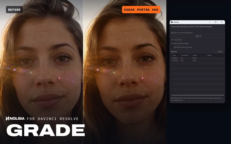 Grade: the same golden-hour close-up side by side, before and after a Kodak Portra 400 film stock grade, with the NOLGIA window for DaVinci Resolve beside it.