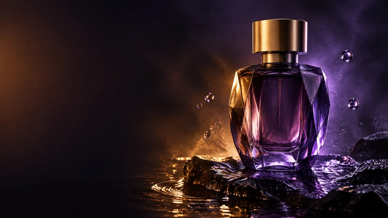 A 16:9 product banner for an unbranded fragrance, the left side kept clear for a headline.