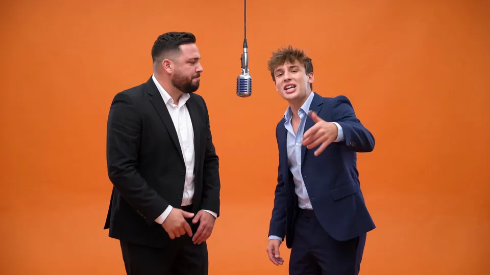 The source clip: two performers in suits rapping at a hanging mic on an orange backdrop