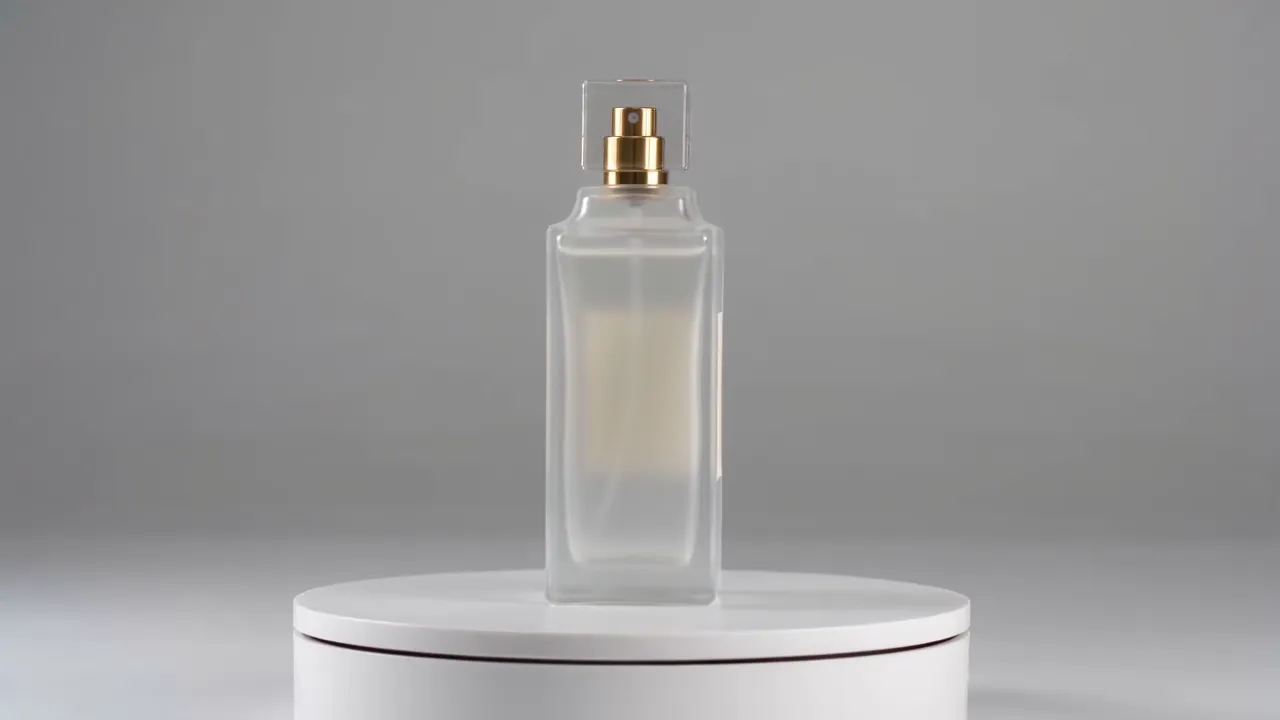 Source: a frosted bottle in a grey studio with a cream label visible through the glass