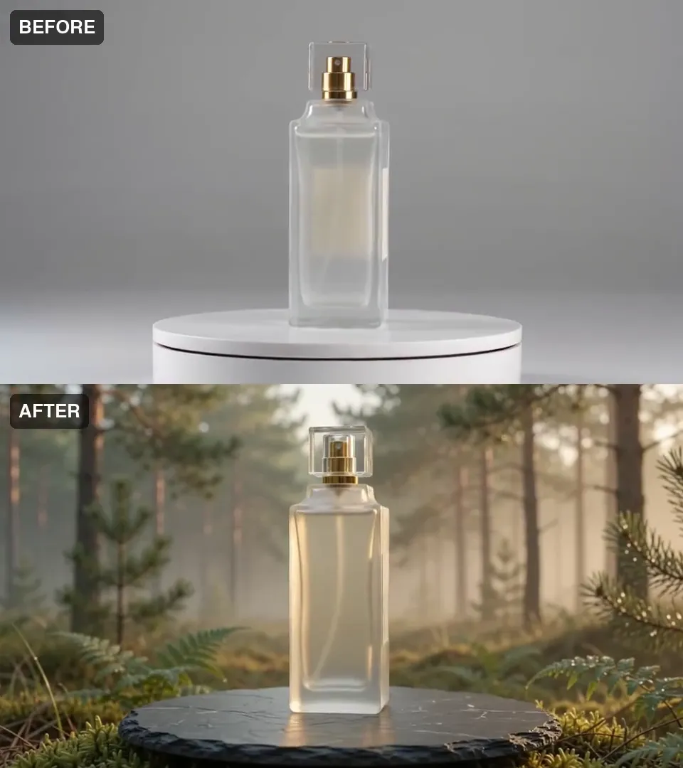 A frosted perfume bottle turning on a white turntable in a grey studio, above the same bottle on dark slate in a misty pine forest at dawn