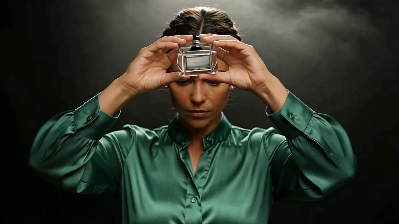 The failure specimen: a woman in an emerald blouse lifts a faceted glass perfume bottle in front of her face; the bottle changes its proportions while she holds it