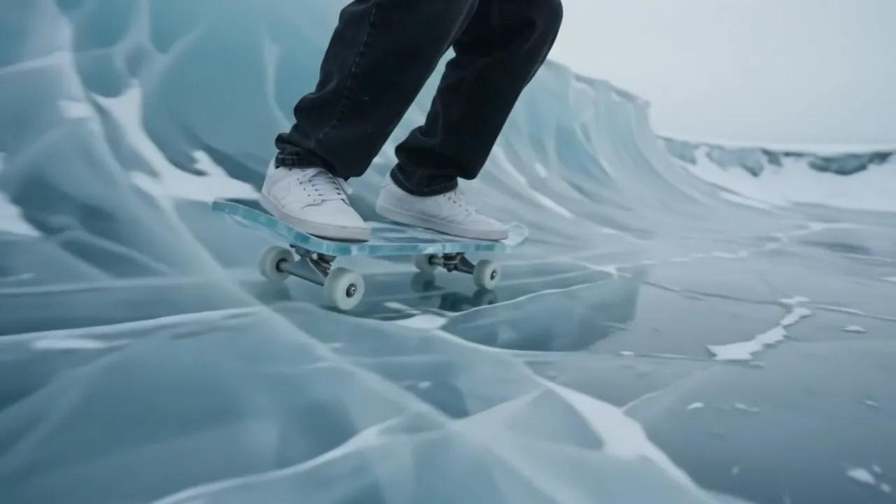 Second run: a curved wall of blue ice behind the skater