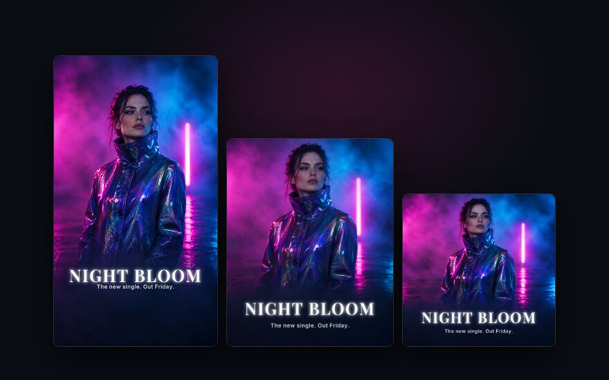 NIGHT BLOOM in four sizes: a story, a portrait post, a square post and a wide banner, an invented singer in magenta and cyan haze.