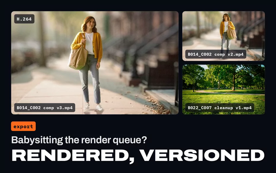 Babysitting the render queue? Rendered, versioned: three H.264 renders in the Library, comp v3, comp v2 and cleanup v1.