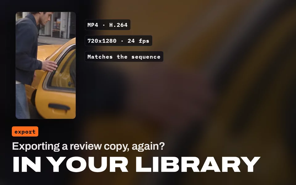 Exporting a review copy, again? In your Library: a frame of the vertical street sequence, exported as MP4 H.264 at 720x1280 and 24 fps.