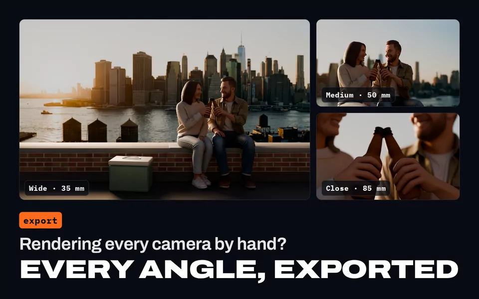 Rendering every camera by hand? Every angle, exported: the same rooftop scene from the wide 35 mm, medium 50 mm and close 85 mm cameras.
