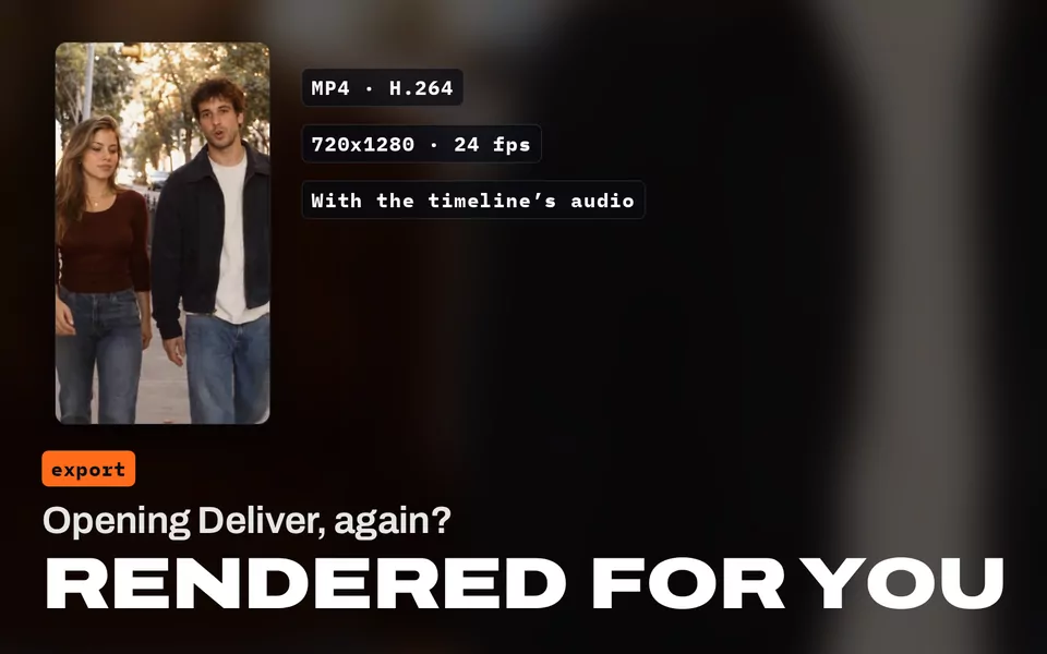 Opening Deliver, again? Rendered for you: a frame of the graded cut, an MP4 H.264 at 720x1280 and 24 fps with the timeline's audio.