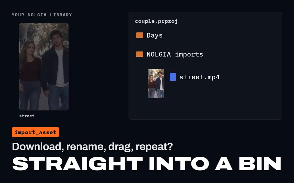 Download, rename, drag, repeat? Straight into a bin: street.mp4 from the NOLGIA Library landing in the NOLGIA imports bin of couple.prproj.