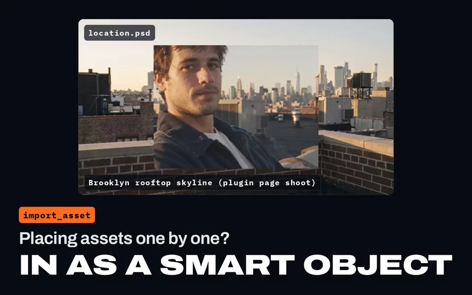 Placing assets one by one? In as a Smart Object: a rooftop portrait from the NOLGIA Library placed into location.psd as a layer.