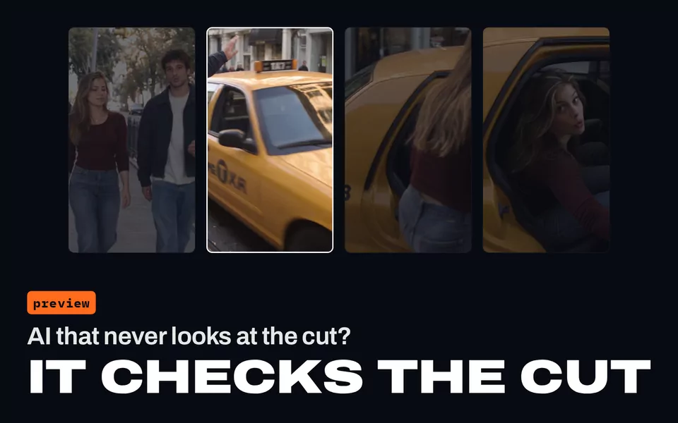 AI that never looks at the cut? It checks the cut: four frames of a vertical sequence of a couple on a city street and a taxi.