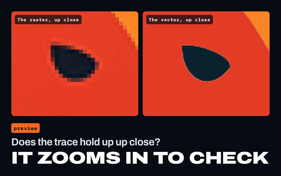 Does the trace hold up up close? It zooms in to check: the fox's eye up close, square pixels in the raster beside smooth curves in the vector.