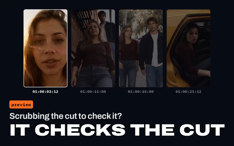 Scrubbing the cut to check it? It checks the cut: four frames of the vertical cut at 01:00:03:12, 01:00:11:00, 01:00:15:00 and 01:00:21:12.