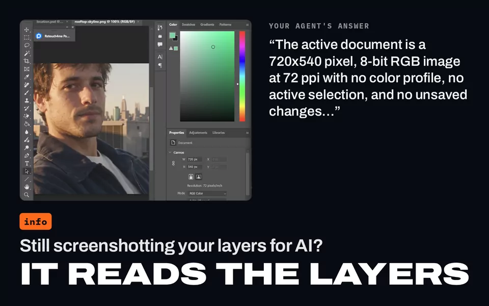 Still screenshotting your layers for AI? It reads the layers: Photoshop beside the agent's answer, that the document is a 720x540 pixel, 8-bit RGB image at 72 ppi.