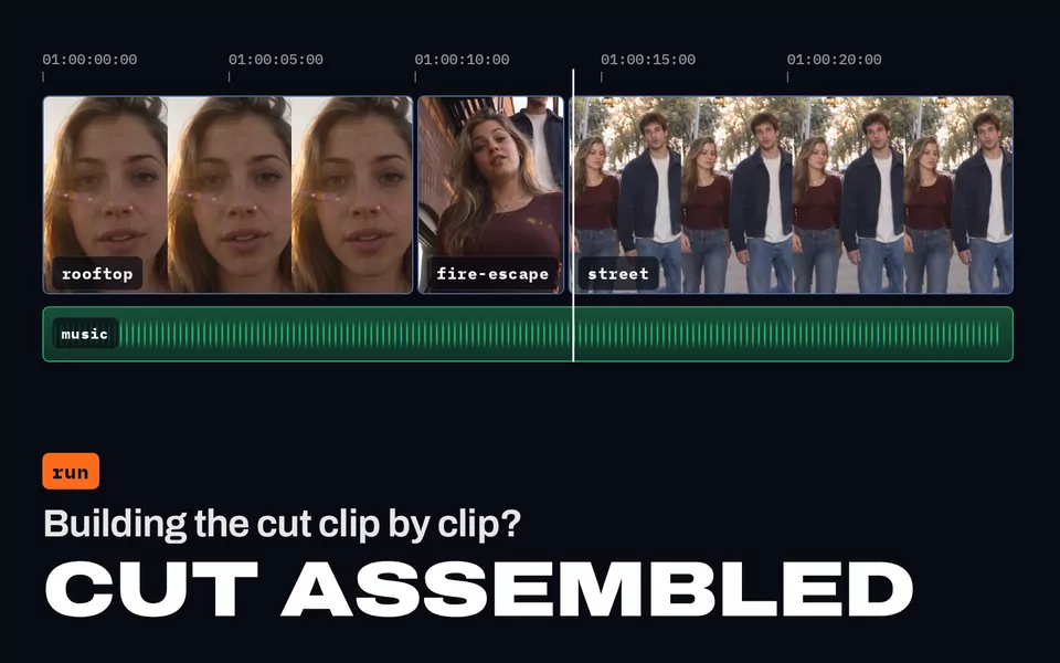 Building the cut clip by clip? Cut assembled: the rooftop, fire-escape and street clips placed in order on the timeline, with the music underneath.