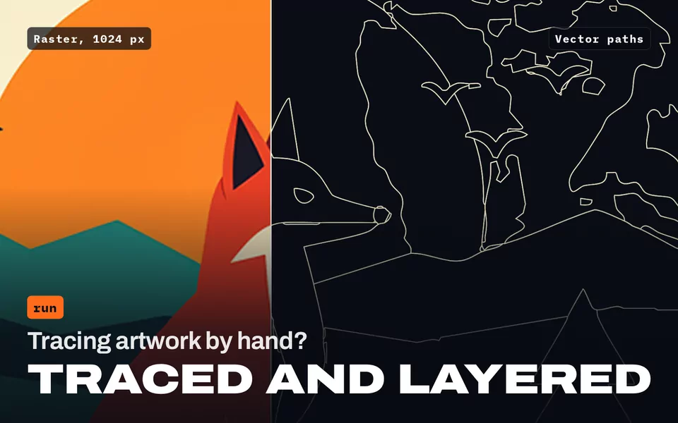 Tracing artwork by hand? Traced and layered: a fox illustration split between the 1024 px raster and its traced vector paths.