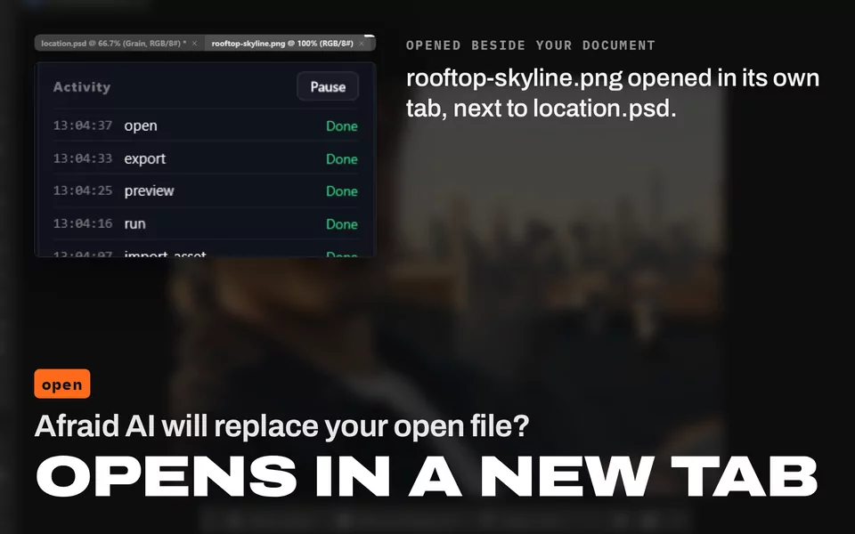 Afraid AI will replace your open file? Opens in a new tab: rooftop-skyline.png opened in its own tab next to location.psd, with open in the Activity list.