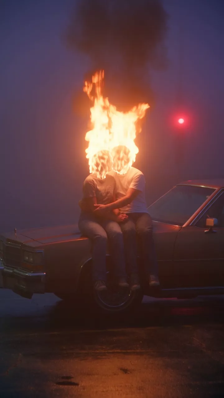 A couple with flames for heads sits on the hood of an old car in fog at night, with red and green lights in the haze