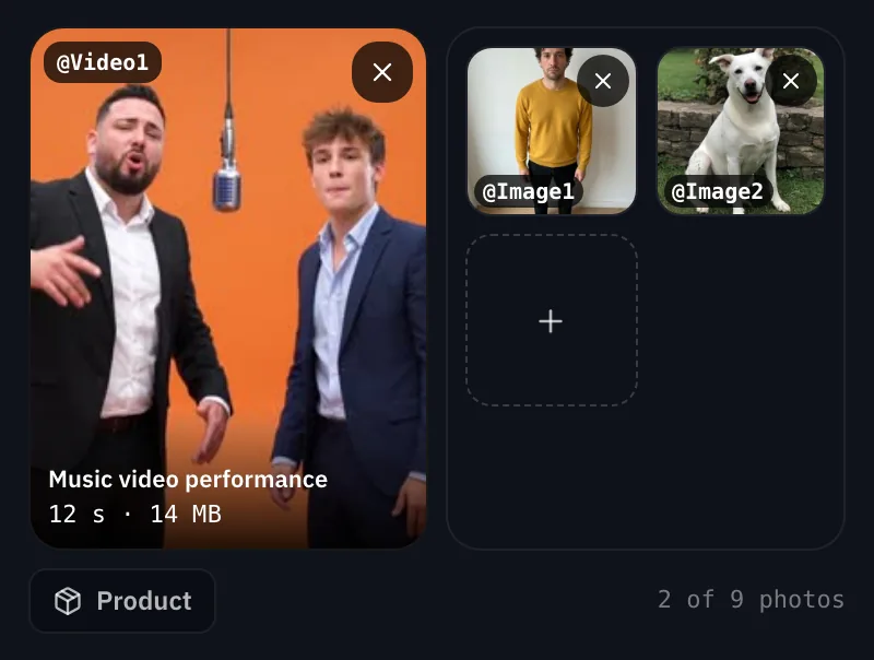 The composer on a computer: the clip tagged @Video1 beside Your cast, with the photo of the man tagged @Image1, the photo of the dog tagged @Image2 and an empty slot for another photo