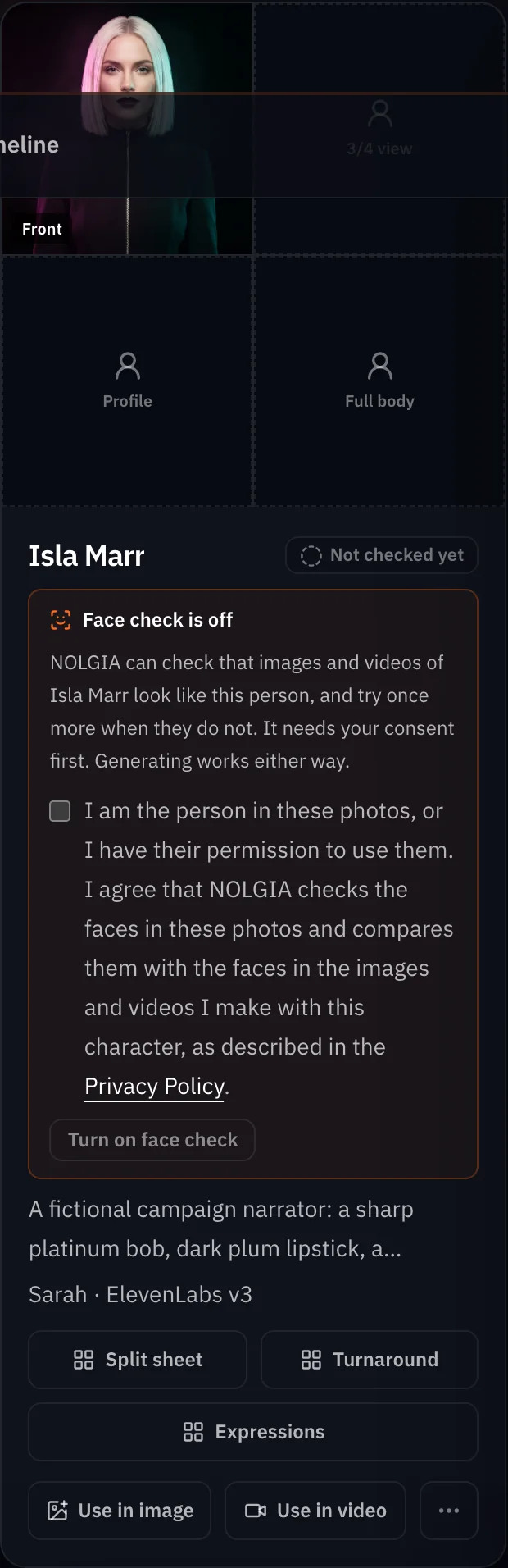The character card for Isla Marr on the Characters page, with her portrait in the Front slot, the badge Not checked yet, and the line Sarah · ElevenLabs v3 under the description
