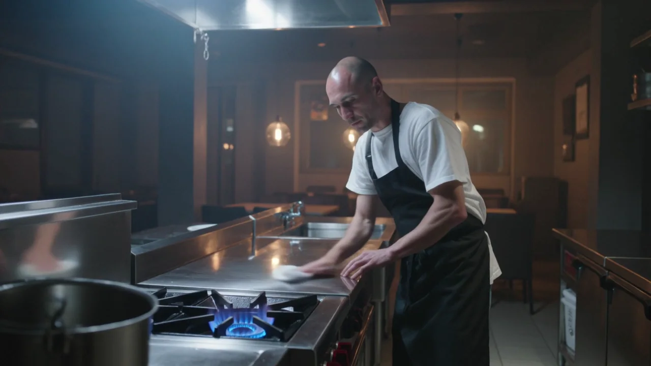 A chef in a black apron over a white tee wipes down a steel pass beside a lit gas burner in a dark kitchen, then turns it off