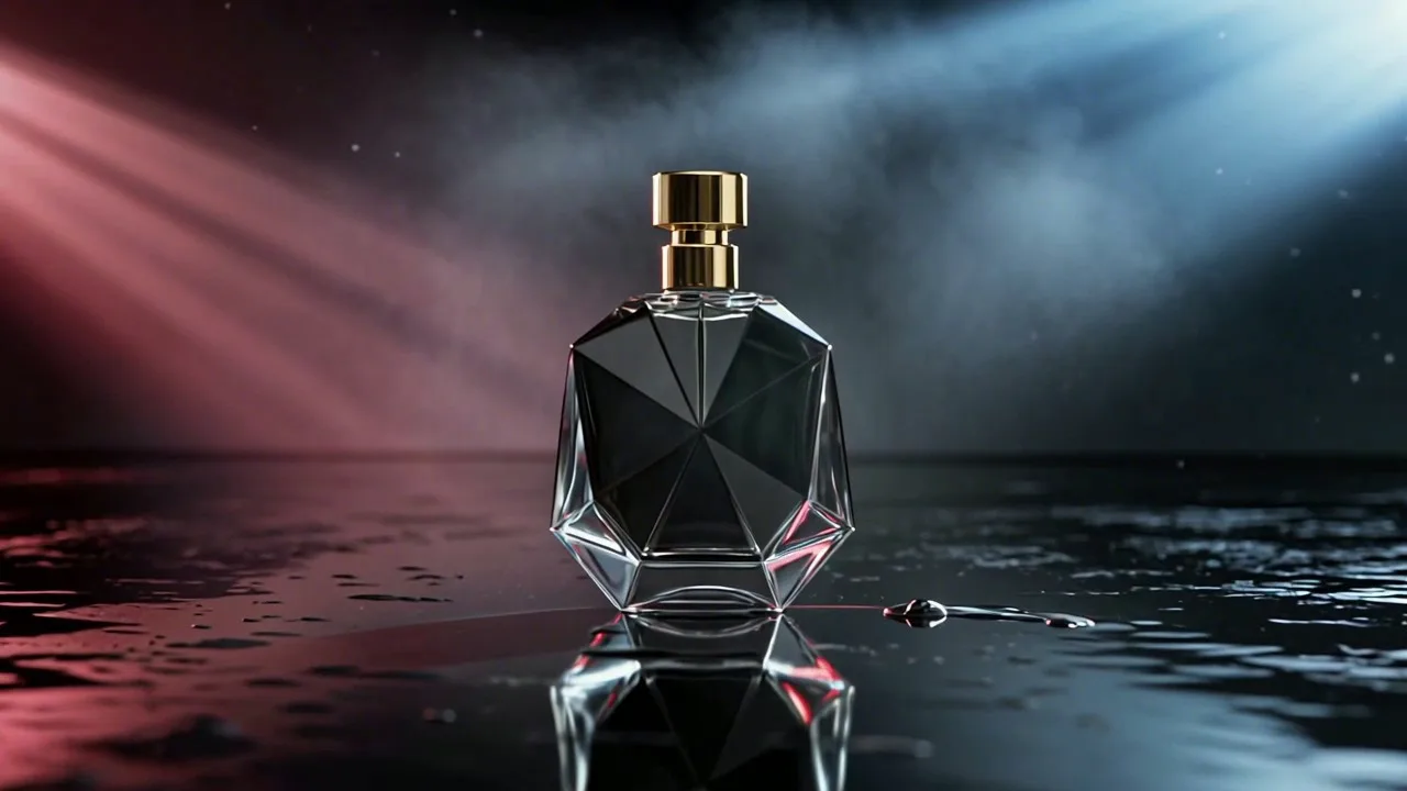 A faceted black perfume bottle with a gold cap on a wet black floor, a magenta beam from the left and a blue beam from the right cutting through haze, dust drifting