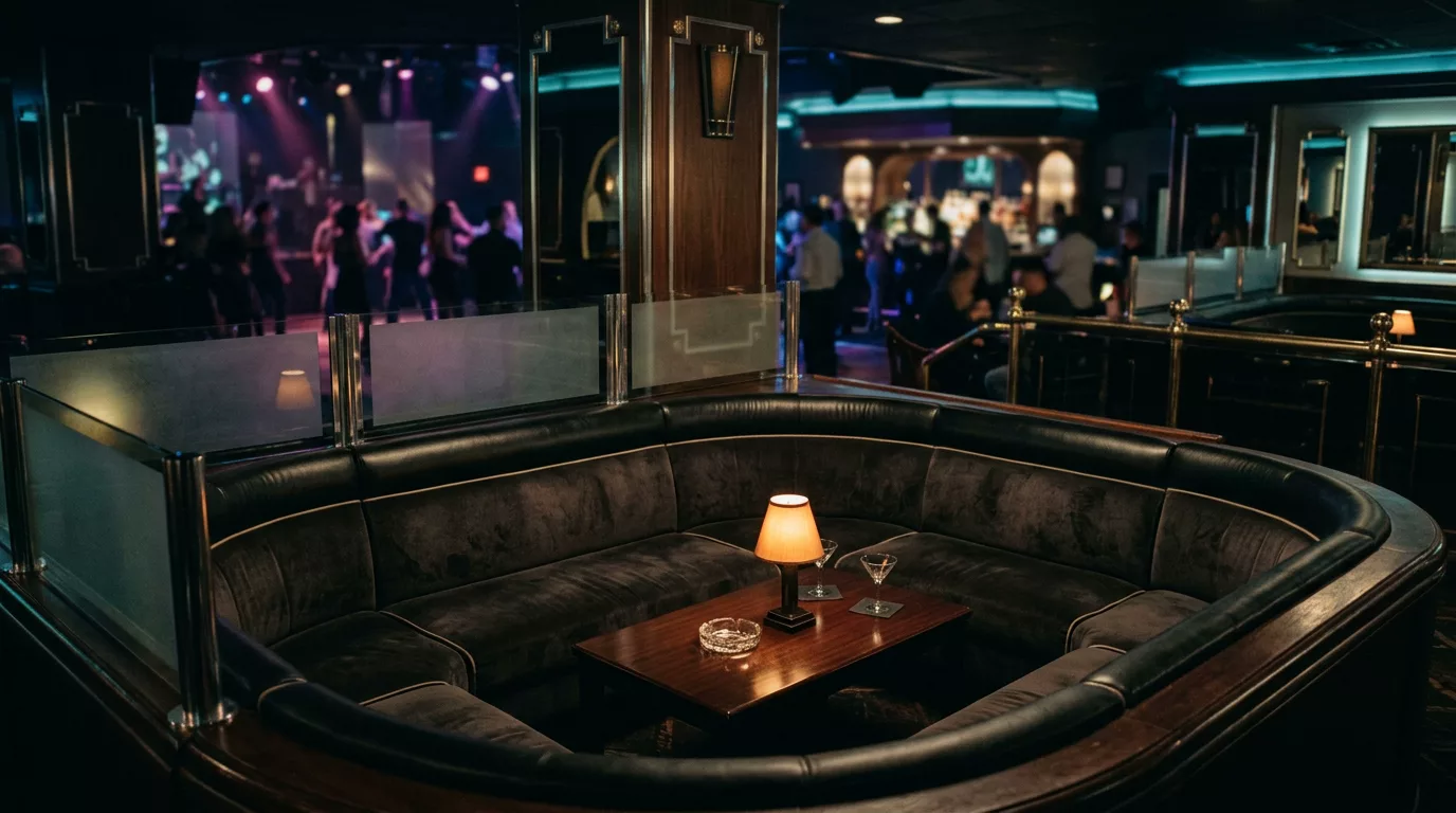 The nightclub location: a dark VIP booth with a curved leather seat, a table lamp and a crowded bar beyond, in cool cyan light
