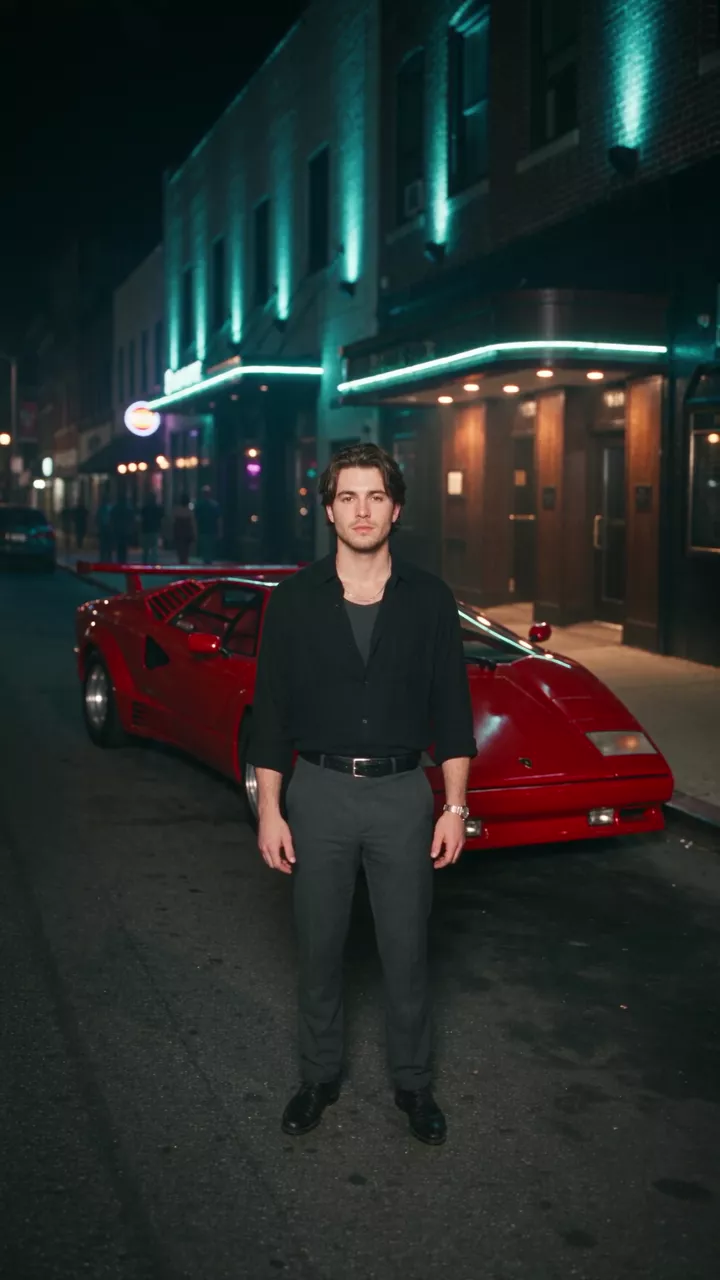 The first run of the comparison: the wide stage shows the man head to toe filling most of the frame beside the red car, then a waist-up shot, then a close-up