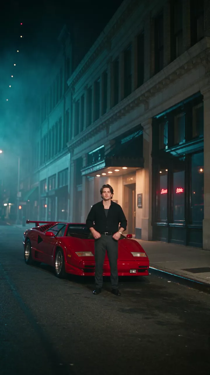 The same man outside a nightclub at night with a red Lamborghini behind him, in three stages: small in a wide street view, then from the waist up, then a close-up from the shoulders up as he starts to smile