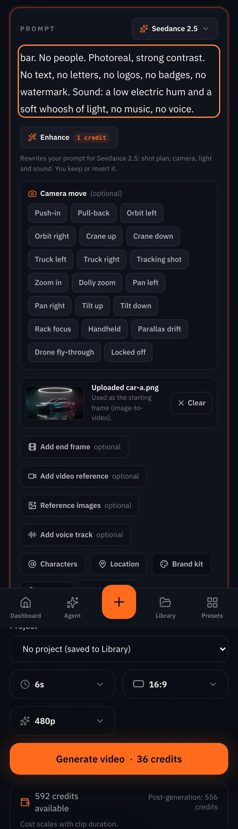 The same form on a phone: Seedance 2.5, the start frame, duration, aspect ratio, quality and the Generate button with its price