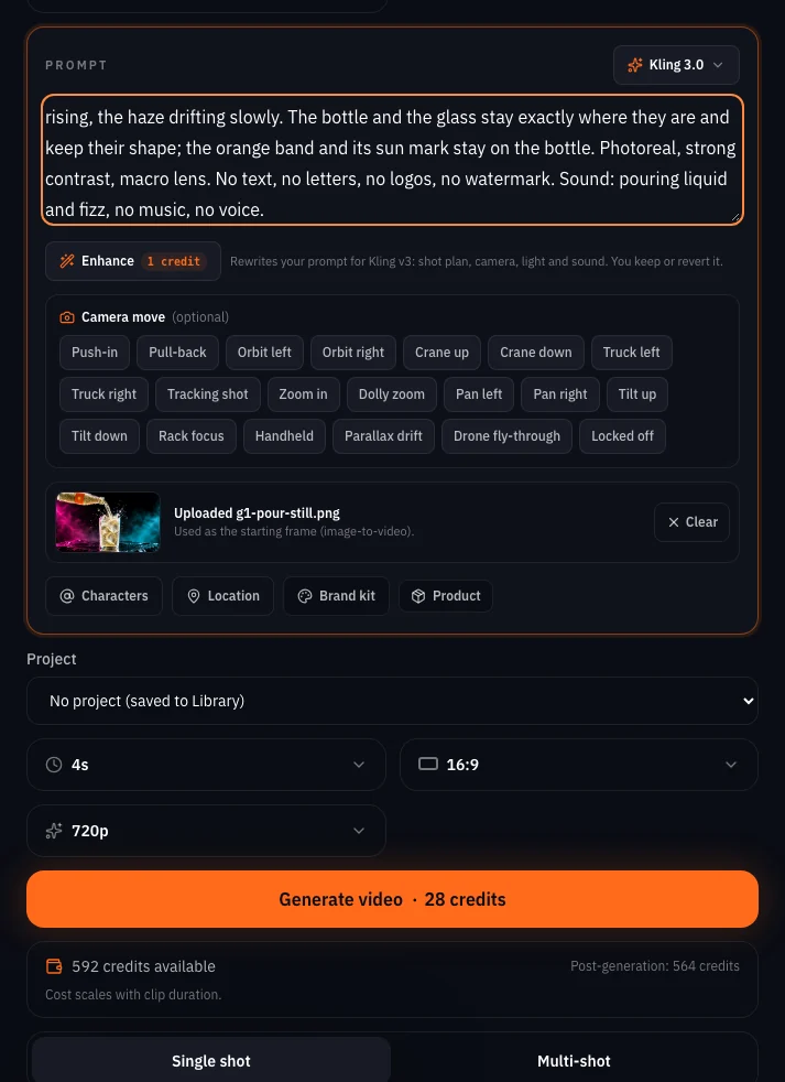 The video console on a desktop: the pour still attached as the start frame, Kling 3.0 chosen, 4 s, 16:9, 720p, and the Generate button showing the live price