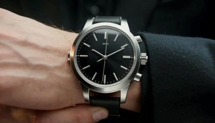 The watch shot with the hands line reduced to he adjusts his watch: the fingers hold, but a small mark appears on the dial