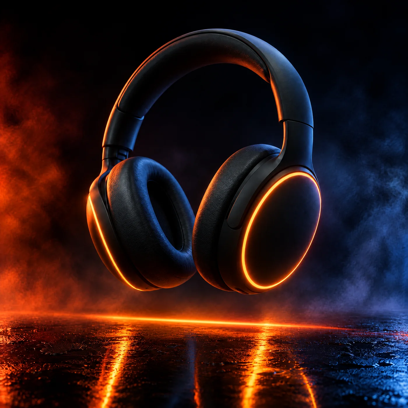 The headphones floating over a wet black floor with an orange light streak reflected beneath, orange haze left and blue haze right, square
