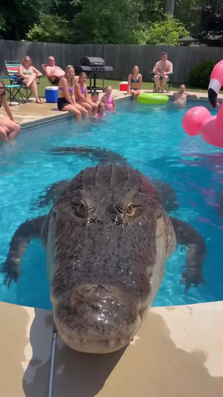 A draft: a crocodile swims straight at the camera and fills the frame at the pool edge, while the party sits along the far side watching
