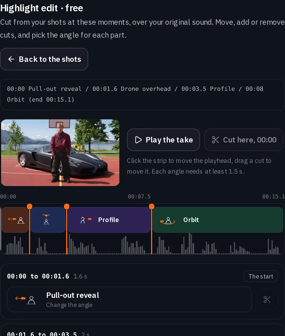 The cut editor: the cut list in one line, the take with Play the take and Cut here buttons, a timeline over the take's sound with four parts named Pull-out reveal, Drone overhead, Profile and Orbit, and the first parts listed with their times