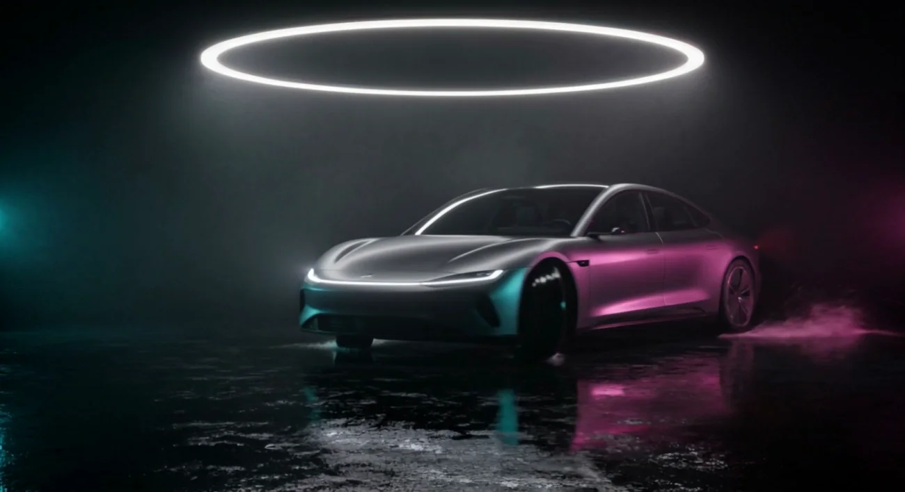 Kling v3: the coupe pulls forward the same way, with a mark appearing on the nose and a figure inside