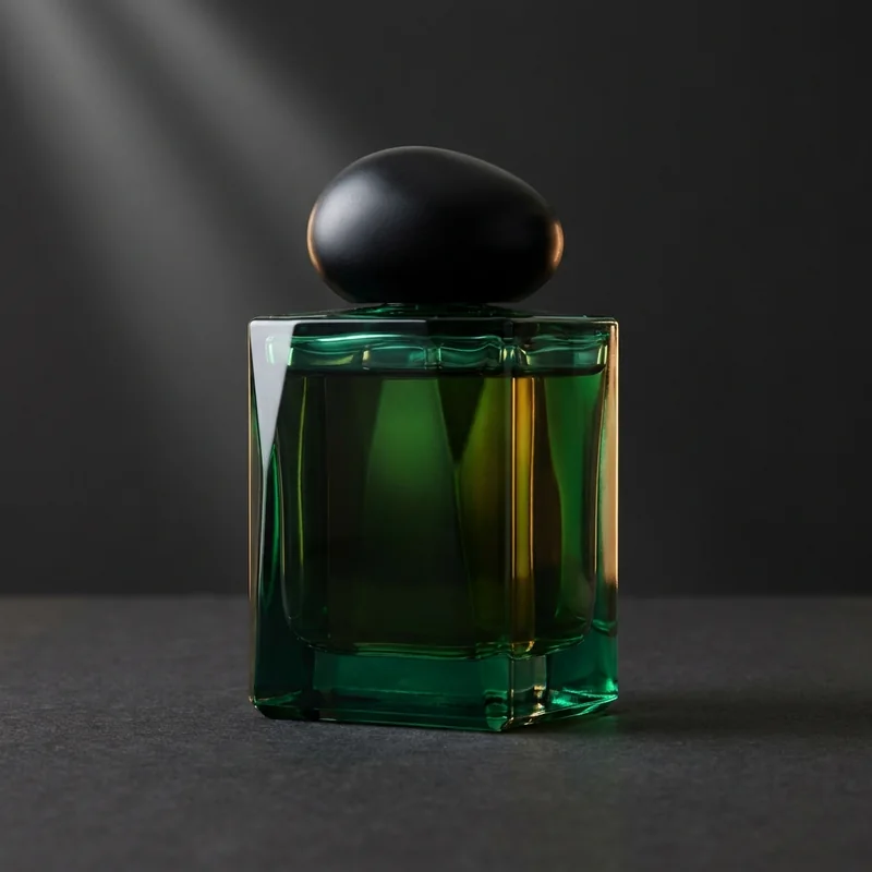 A perfume bottle of thick deep green faceted glass with a smooth matte black pebble cap, standing on a dark surface under a soft key light