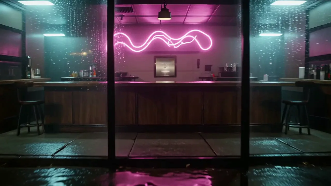 An empty late-night diner behind rain-streaked glass with a magenta wave-shaped neon tube over the counter