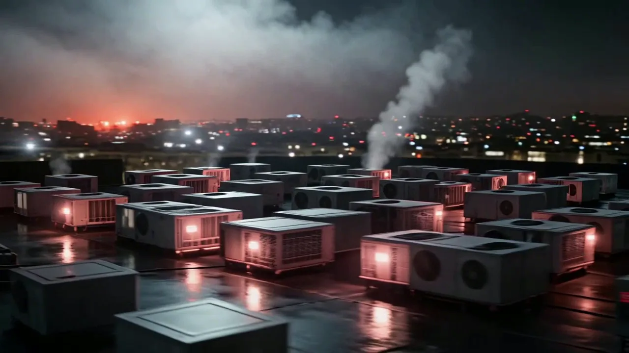 Rows of glowing air-conditioning units on a city rooftop at night with steam rising and the skyline behind