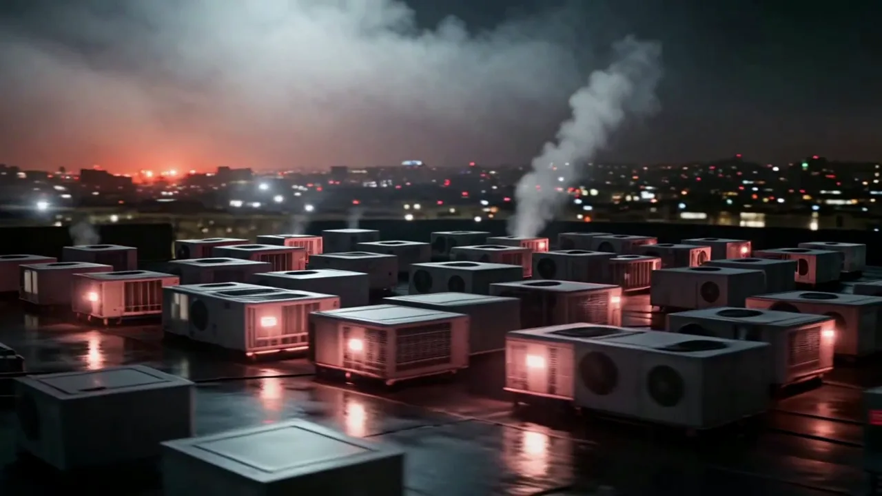 Episode 2 of After Hours Atlas: glowing rooftop units in steam, then the empty diner behind rain-streaked glass, narrated by the same voice over a soft ambient score