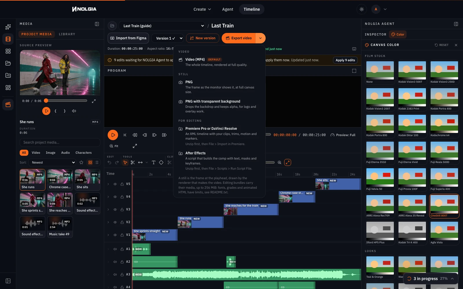 The Export menu open under the Export video button: Video (MP4), PNG, PNG with transparent background, Premiere Pro or DaVinci Resolve, After Effects