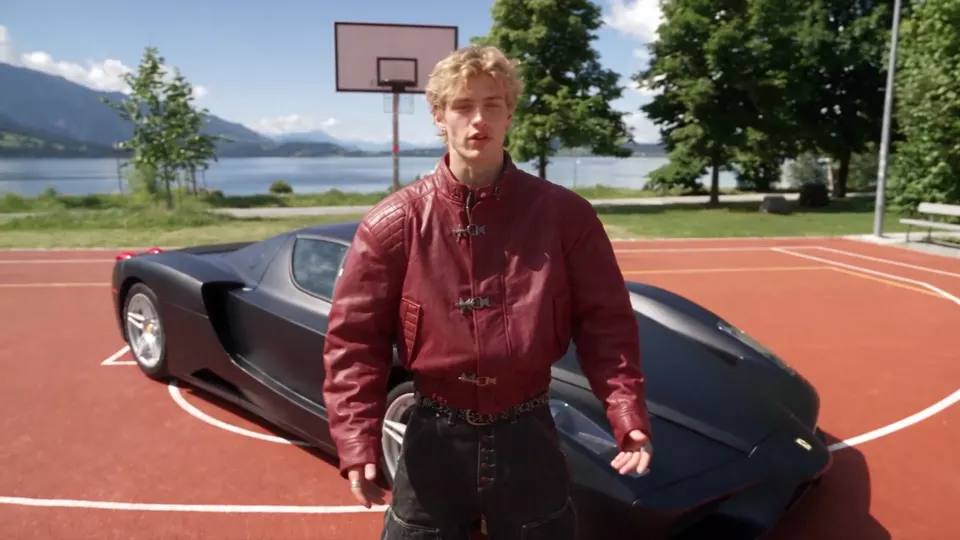 The highlight edit: the same 15 seconds cut from a pull-out on his face to a drone shot from above, a profile by the lake and an orbit round him and the car