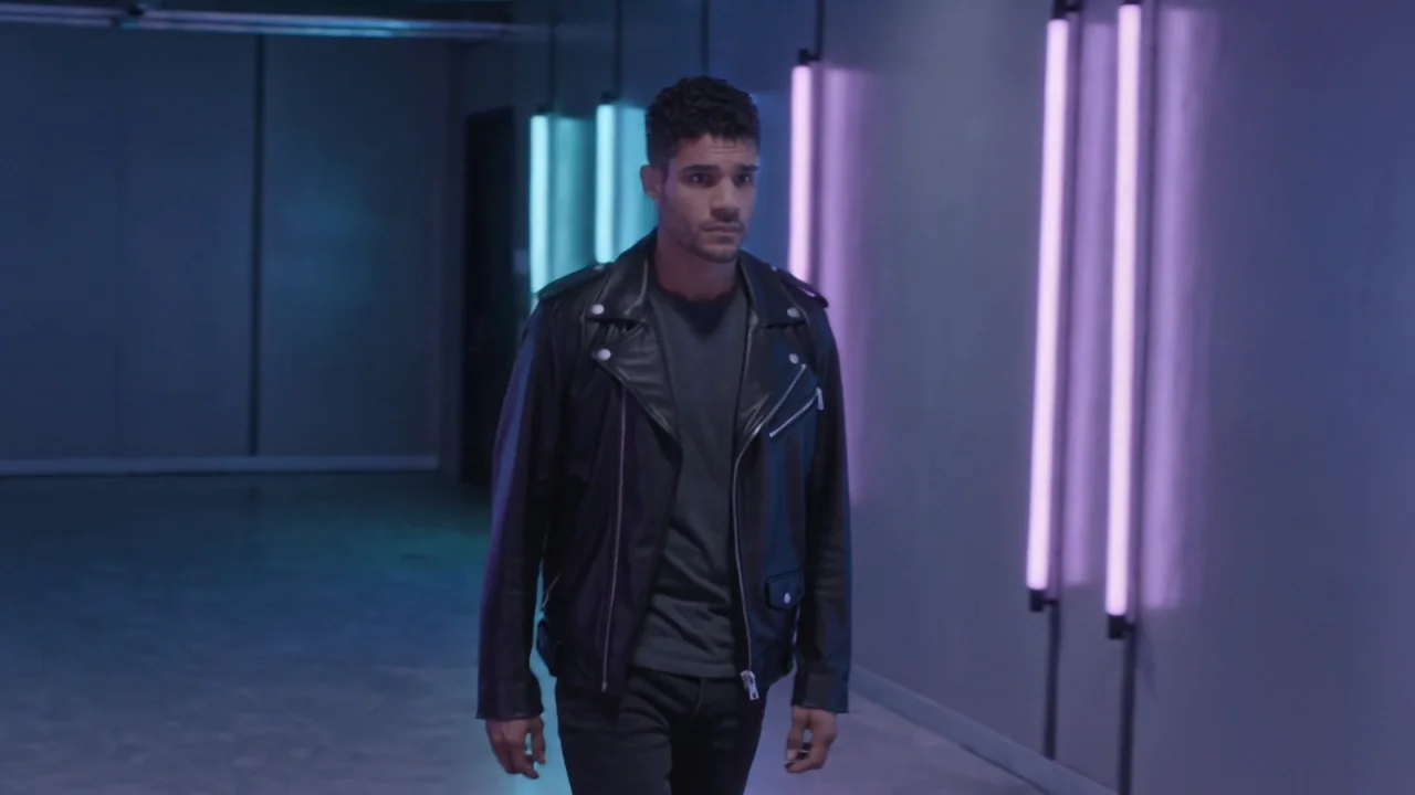 The same prompt with the camera move named: a man in a leather jacket in a corridor of blue and violet tubes as the camera moves sideways