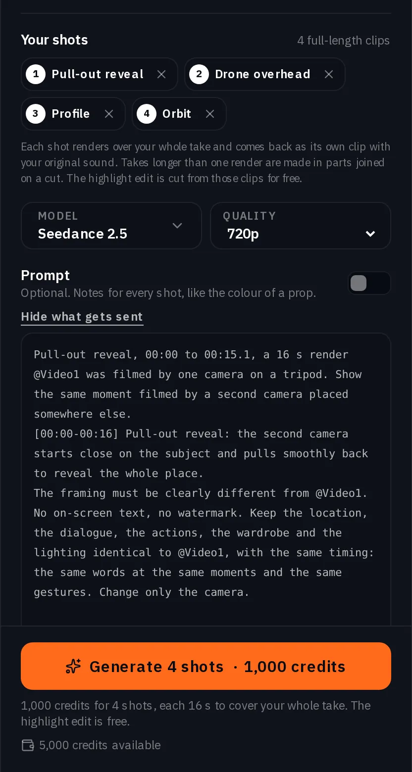 The lower half of the Multicam form on a computer: Your shots with Pull-out reveal, Drone overhead, Profile and Orbit, the Model and Quality pickers, the prompt switch with the first prompt shown, and Generate 4 shots with its price