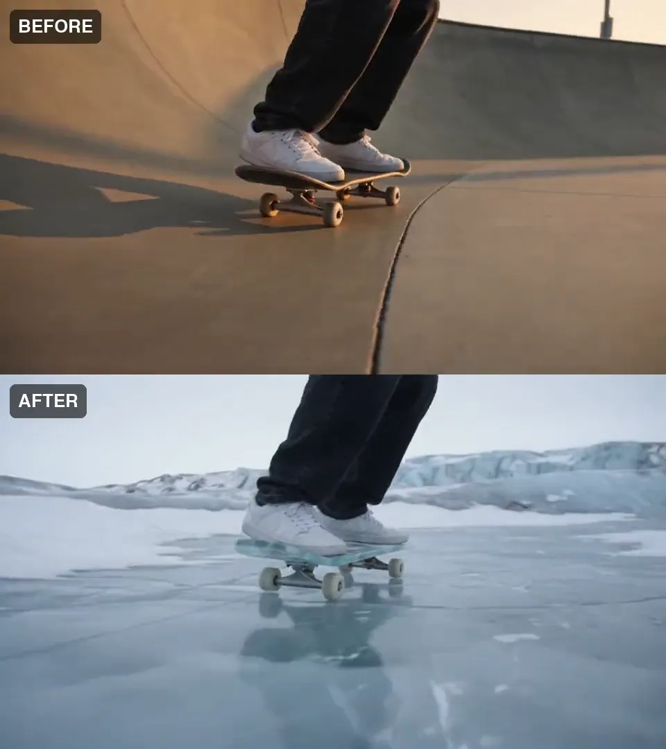 Two frames stacked, labelled Before and After in the clip. Before: sneakers and black jeans on a skateboard in a concrete bowl in warm light. After: the same sneakers and jeans on a board of blue ice on a glacier in cold light