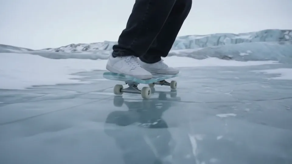 The same sneakers and black jeans riding a board of clear blue ice across a glacier under a pale overcast sky