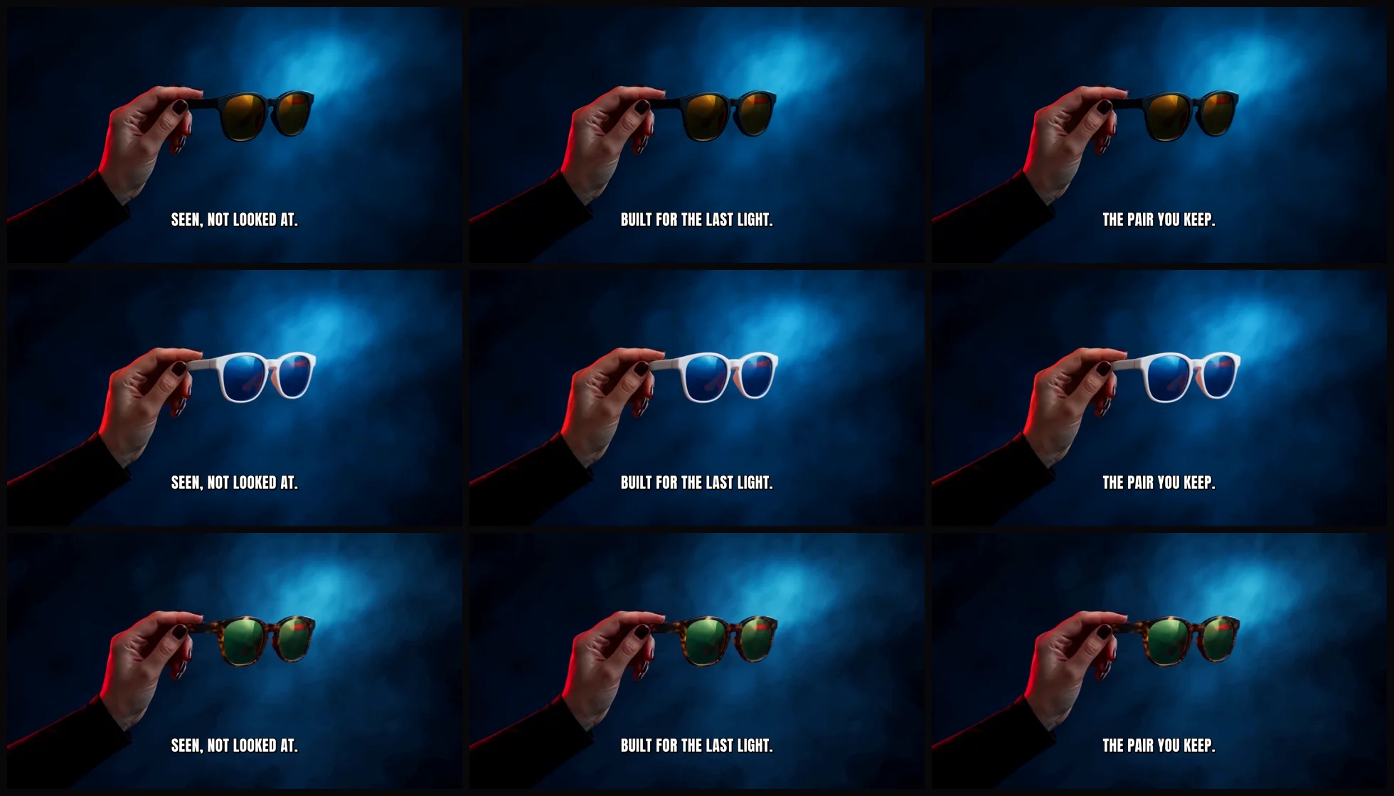 A three by three grid: rows are the black, white and tortoiseshell sunglasses in the same hand; columns are the three typed hook lines