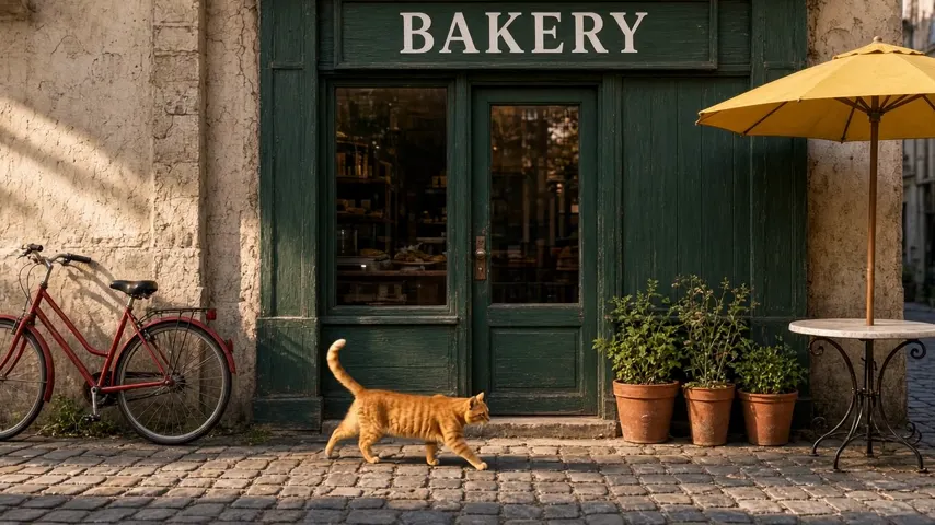 A bakery storefront on a cobblestone street with a green BAKERY sign, a red bicycle, three potted plants, a yellow umbrella and a ginger cat walking past, rendered by Grok Imagine Video 1.5, run 2.