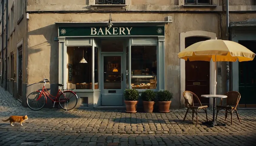 A bakery storefront on a cobblestone street with a green BAKERY sign, a red bicycle, three potted plants, a yellow umbrella and a ginger cat walking past, rendered by Hailuo 3, run 2.